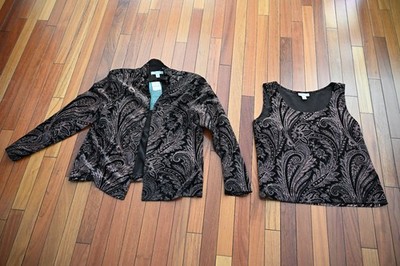 Coldwater Creek Brown Velvet Gold Glitter Paisley Twin Set Jacket Camisole Sz 12