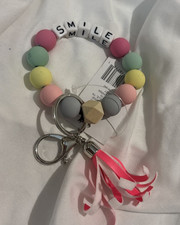 New Beaded Keyring Keychain CHARM "Smile" WITH Pink TASSEL