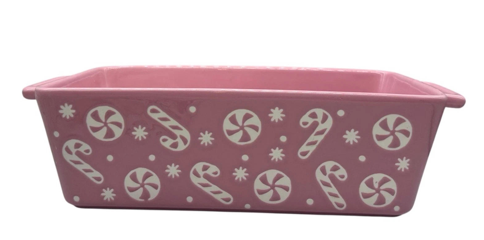 10 Strawberry Street Ceramic 12” Loaf Pan Pink Winter Candyland Holiday NWOT