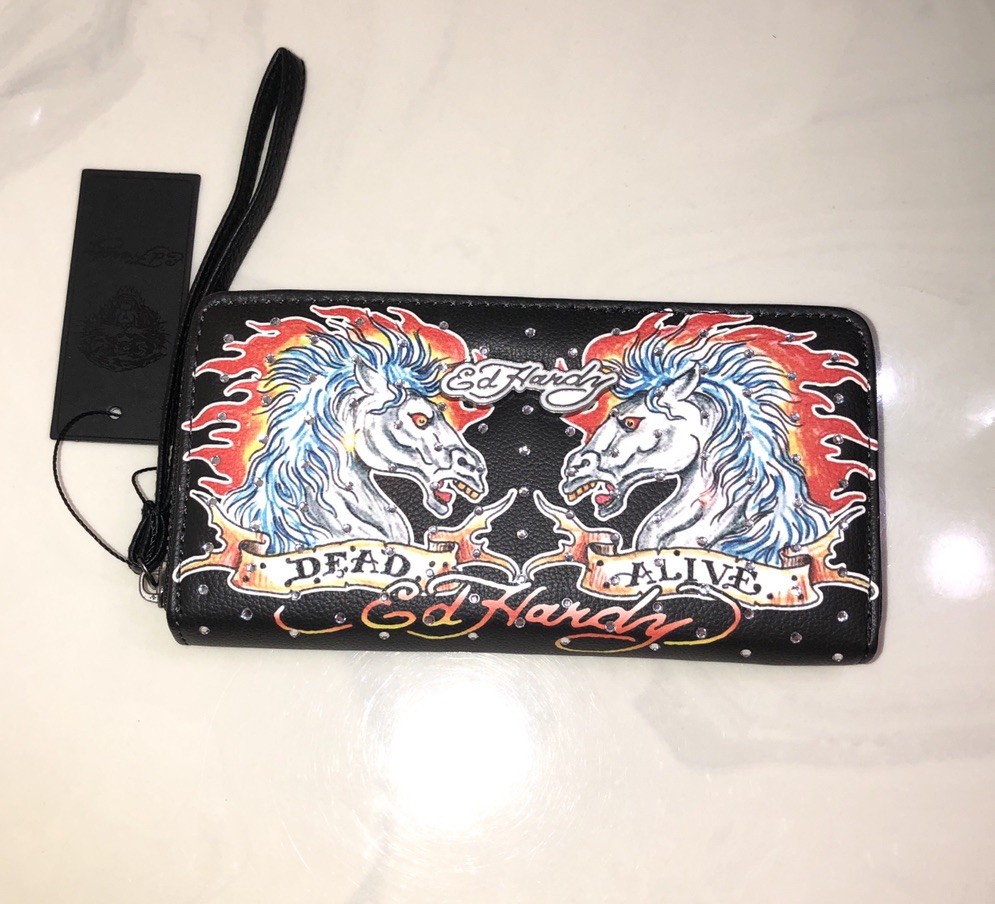 Ed Hardy Black Faux Leather ZA Wallet Dead Or Alive Horse Tattoo