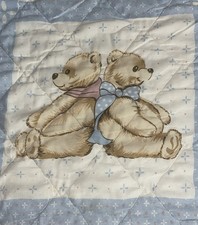 Vintage Teddy Bear Patchwork Quilt Cozy Blue White Quilted Blanket