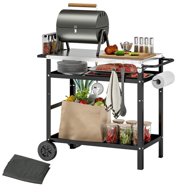 Grillwagen 3-Etagen Servierwagen Mit ArbeitsfläChe HüLle, Grilltisch Edelstahl-image