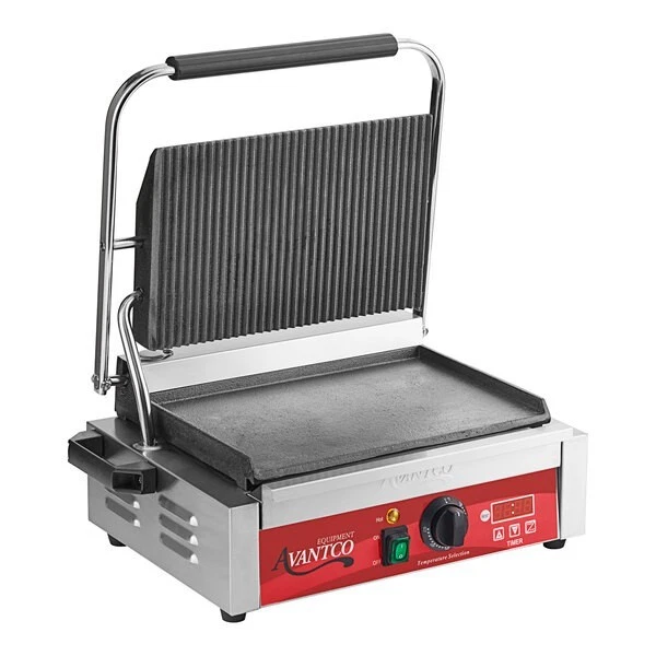 Avantco Panini Grill with Timer, Grooved Top and Smooth Bottom Plates - 120V
Opens in a new window o