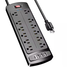 12-Outlet Power Strip Surge Protector with 6 Ft. Cord, 4 USB-A Ports, 1 USB-C Po