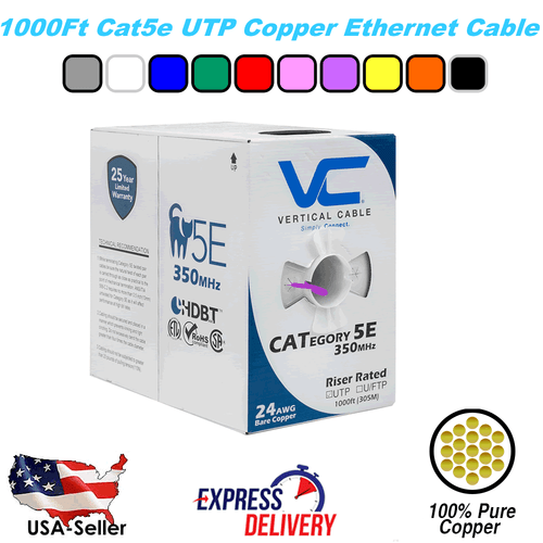 1000Ft Cat5E Vertical Cable Solid CMR Bare Copper Bulk Ethernet Cable - 9 Colors - Picture 6 of 13