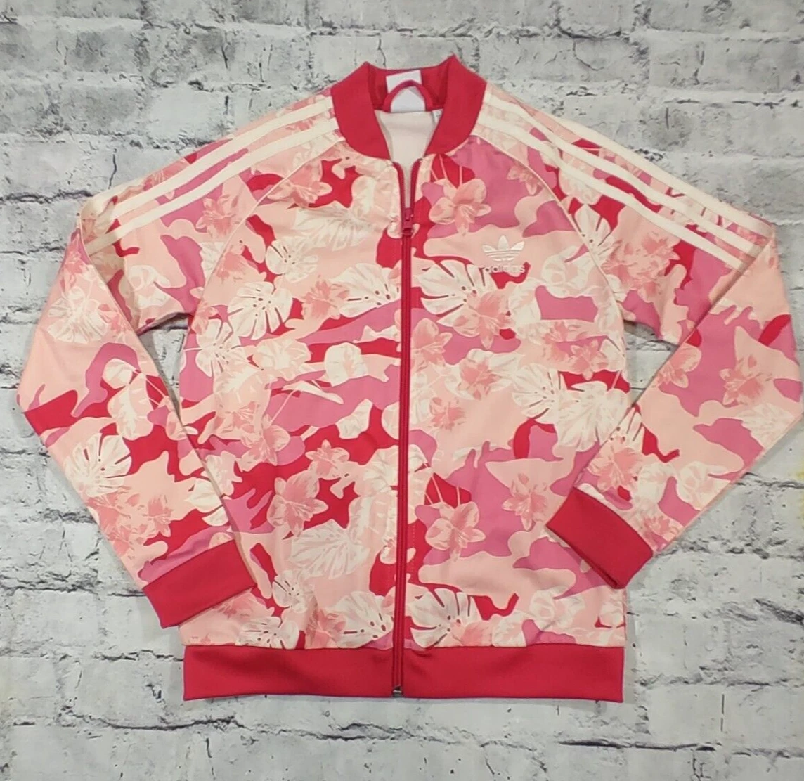 adidas Track Jacket Girls Medium Trefoil Three Stripes Pink Floral Hawaiian