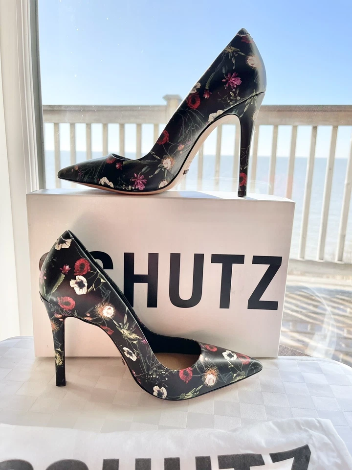 Schutz Gilberta Black Red/White Multi Color Leather Point Toe Pumps 8.5M RARE!! - Image 3 of 4