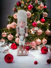 Bella Lux Wooden 14.5” Nutcracker Drummer Pink Glitter Christmas Home Decor