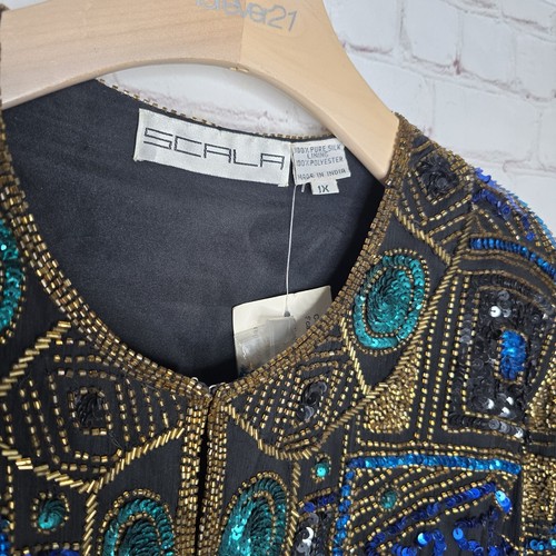 Vtg SCALA 100% Silk Sequin Beaded Black Jacket Women Plus Sz 1X Formal Evening - Picture 6 of 14