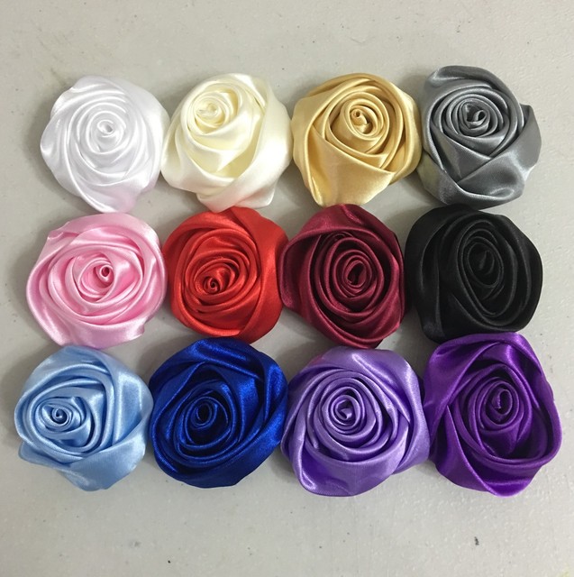 12PC Gold 2/" Satin Ribbon Rose Flowers DIY Wedding Bridal Dress Bouquet 50mm