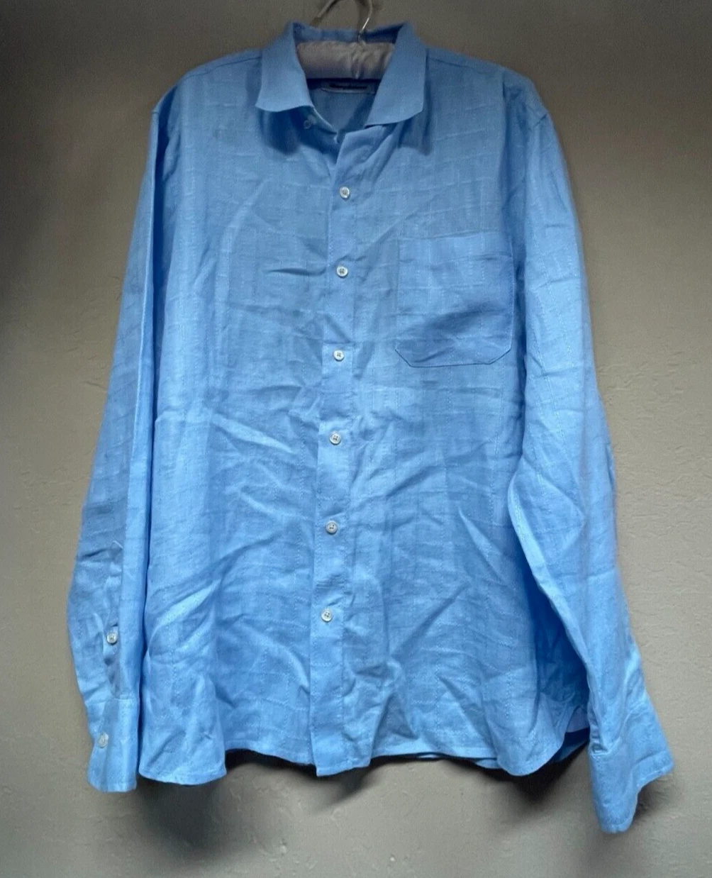 Tommy Bahama Mens Button Up Linen Shirt Large Textured Plaid Blue Lightweight