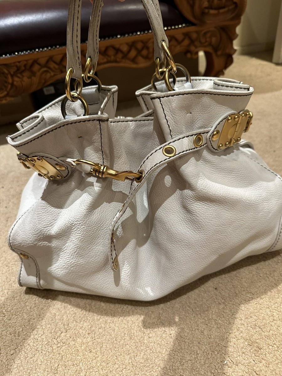 Authentic Miu Miu White Leather And Gold Satchel Handbag Bag