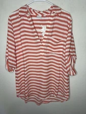 New York And Company Orange Striped V Neck Cuff Sleeve Blouse Shirt Size Large