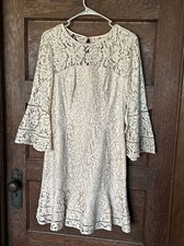 NWT Eliza J Ivory Champagne Floral Lace Bell Sleeve Dress Silver Thread Sz 8