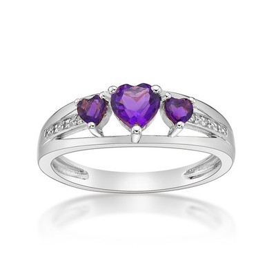 10K Weißgold Ring 0,60 cts Triple Herz lila Amethyst 0,018 cts Diamant Gr. 5