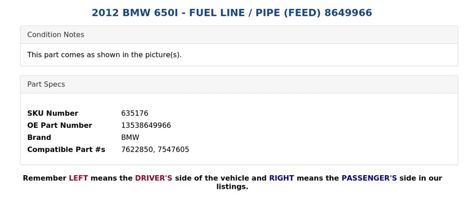 BMW 650I 2012 - línea de combustible/tubo (alimentación) 8649966 Foto 3 de 4