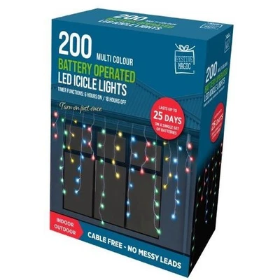 Festive Magic LED Battery Operated Timer Icicle Lights 200 Multicolour