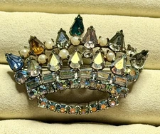 Vintage Multicolor Crown Brooch Paste Tiny Faux Pearls & AB rhinestones