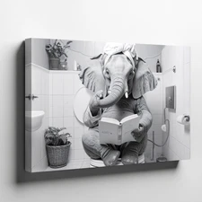Wall Art Canvas a Black and White Image of an Elephant Sitting on a Toilet