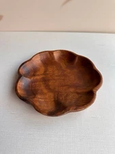 Vintage Wood Carved Dish Mid Century Wooden Bowl Scalloped Plate