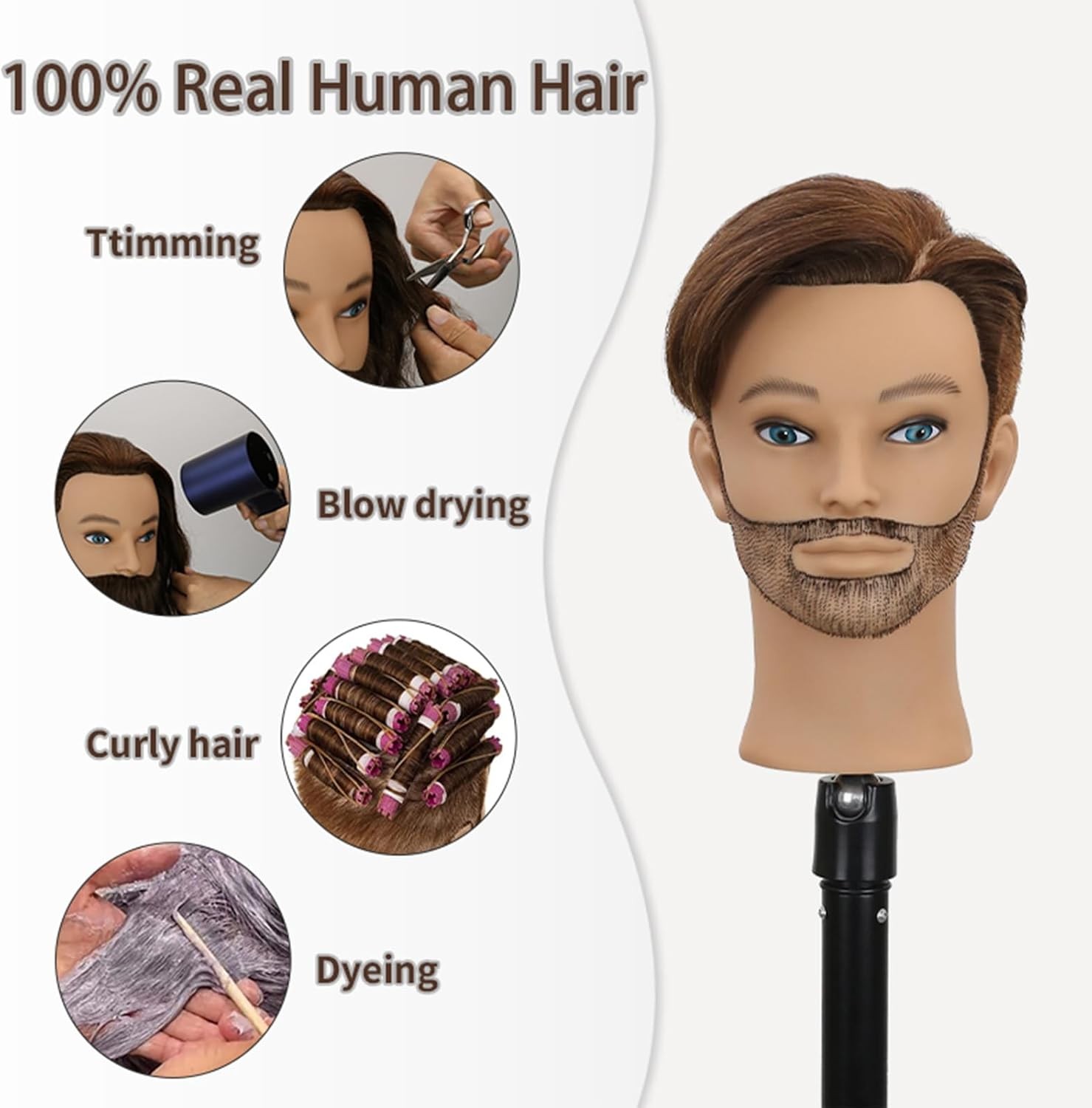 Sirydtm12" Barber Mannequin Head Male 100% Real Hair With Beard,Dark Brown 