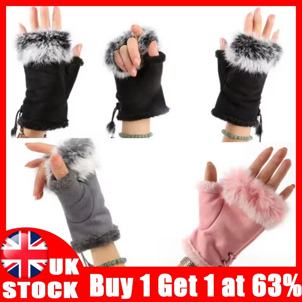 Women Winter Fur Fingerless Gloves Mittens Soft Warm Fur Lined Ladies Mittens - Image 2 of 4