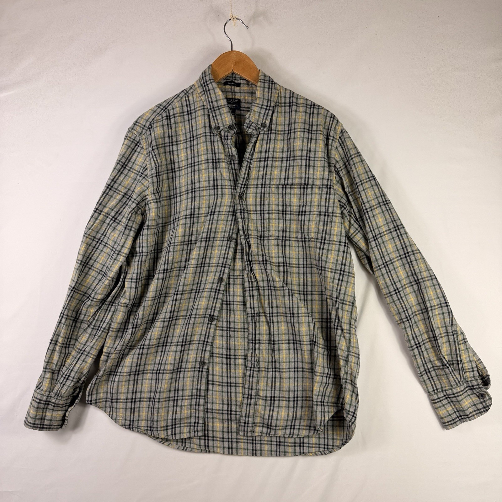 J Crew Shirt Men L Green Gray Plaid Flannel Long Sleeve Button Up Cotton Classic