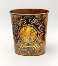 MCM  J.L. Clark Metal Wastebasket/Gold Trash Can Bin Embossed Earth Globe Office