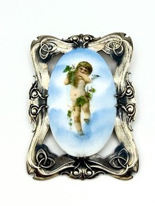 William Kerr Art Nouveau Sterling Silver Pin/Pendant w/ Winged Putti & Grapes