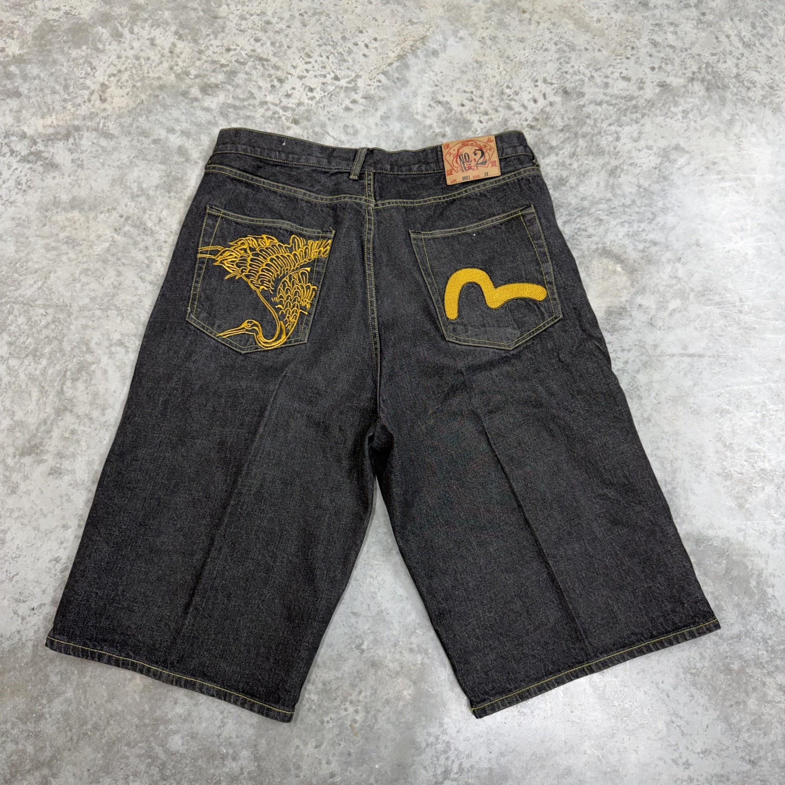 Evisu Denim Shorts Mens 38 Bermuda Button Fly Embroidered Y2K Streetwear Baggy