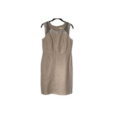 Ann Taylor Loft Dress Womens Size 2 Beige 100% Linen Sleeveless Sequin Sheath