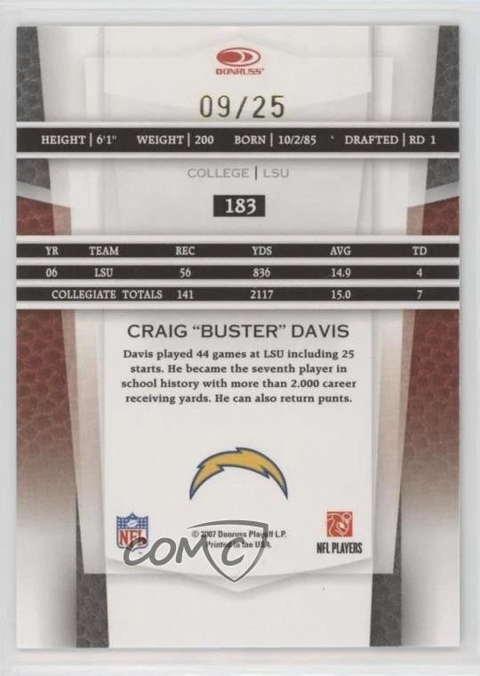 2007 Leaf Certified Materials Mirror Gold /25 Craig Davis Buster Rookie Auto RC - Image 2 of 2