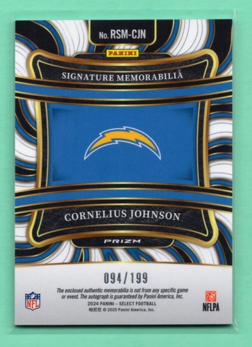 2024 Panini Select Cornelius Johnson #RSM-CJN Rookie Patch Auto RPA Argento /199 - Foto 2 di 2