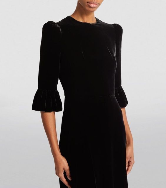 Con Estilo Terciopelo Negro Corte Trapecio Vestido Volantes Dobladillo Mangas