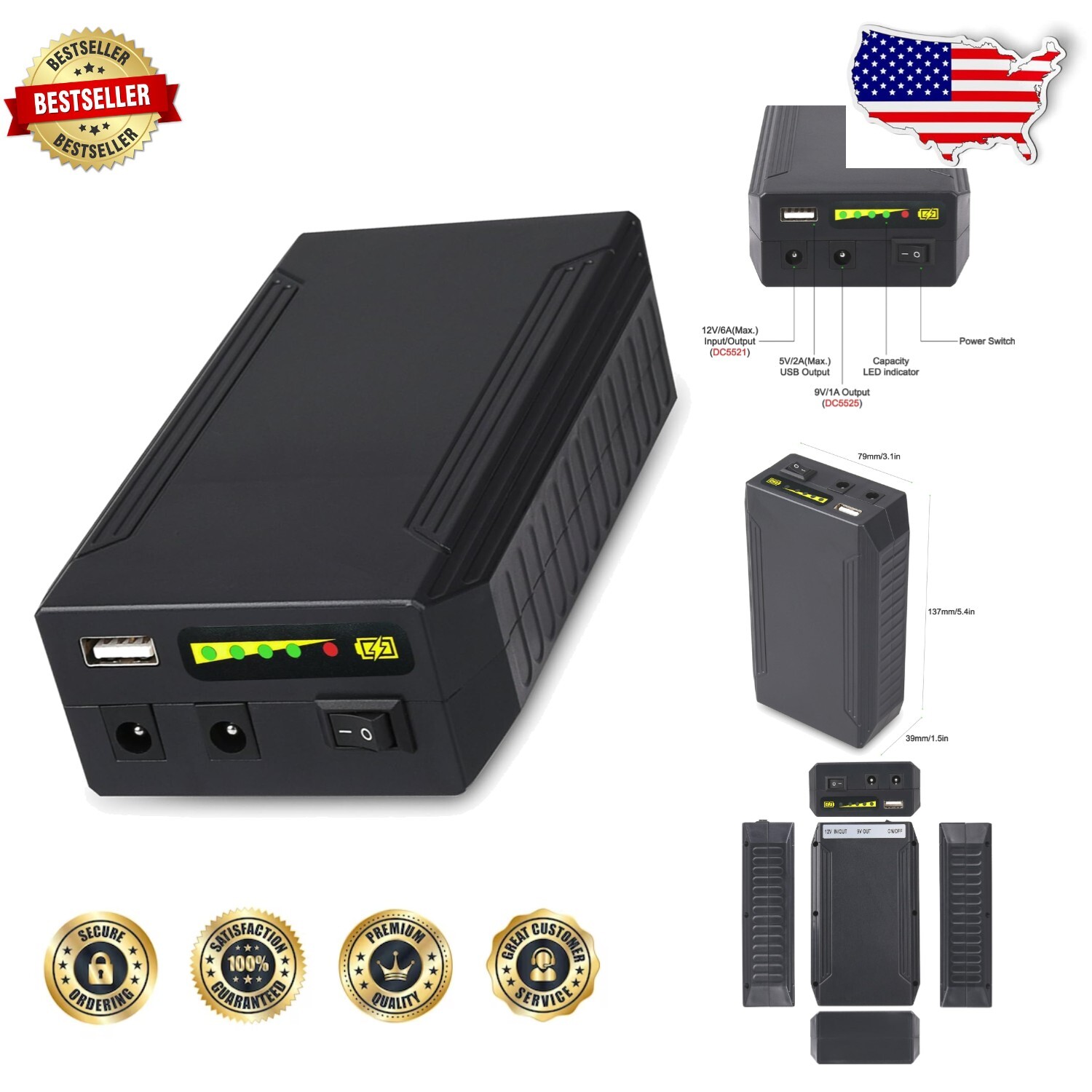 Versatile 11000mAh Lithium Ion Power Bank for LED Strips, CCTV & Guitar Pedals-image