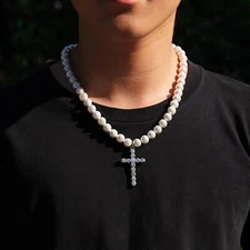Mens Unisex Silver CZ Cross Pendant Faux White Pearl Decor Necklace Chain 20"