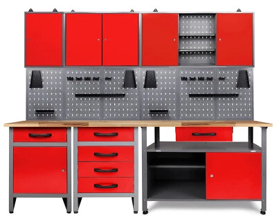 Ondis24 Werkstatt rot 240cm 3x Werkbank Metall 3x Werkzeugschrank Lochwand Haken