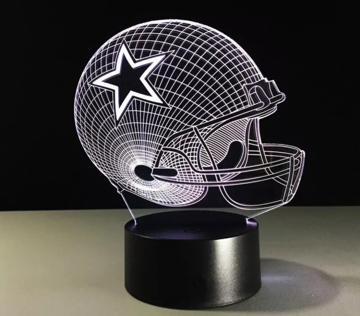 3d cowboy football helmet lamp CLORURBANLIVE Dallas Night Light 3D Illusion with Remote Control 16 Color Options Sports Decor Lighting for Fans (Dallas Multicoloured) contrast settings etc Dallas Cowboys 3D Helmet Themed