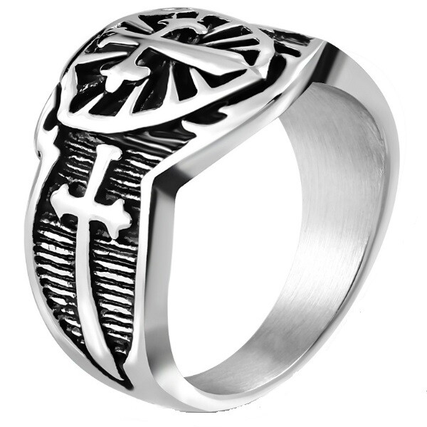 Anillo Caballero Hombre Acero Cuadrado Escudo Cruz Flor De Lis Biker RMT202