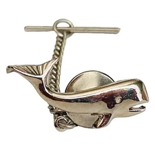 Sperm Whale Tie Tack Pin With Chain Lapel Pin Silver-tone Vintage Fish 125