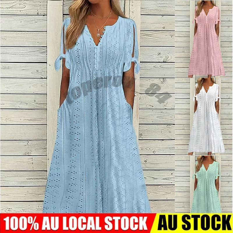 Womens Eyelet Casual Summer Dress Boho Embroidery Dresses Pleated Long Dress