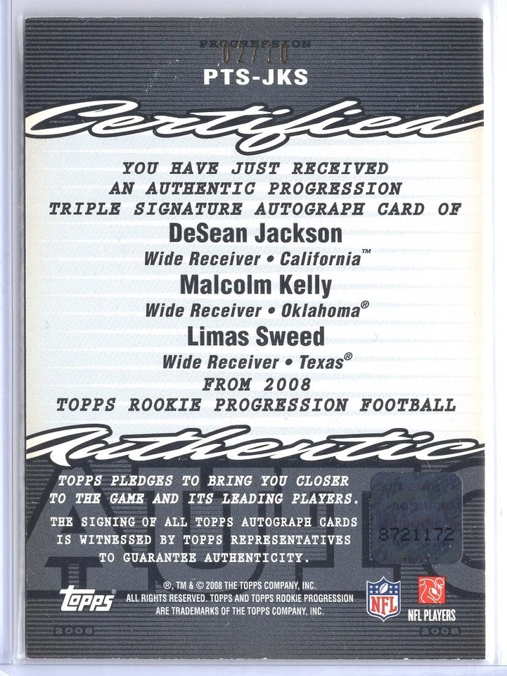 2008 Topps Rookie Progression Signatures Triple JKS D. Jackson/M. Kelly/L. Sweed - Image 2 of 2