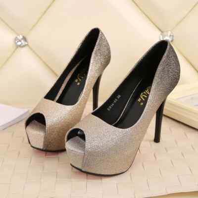 Pumps Damenschuhe Zehenfrei Platform Plateau 14 CM Gold Leder Kunststoff 85438