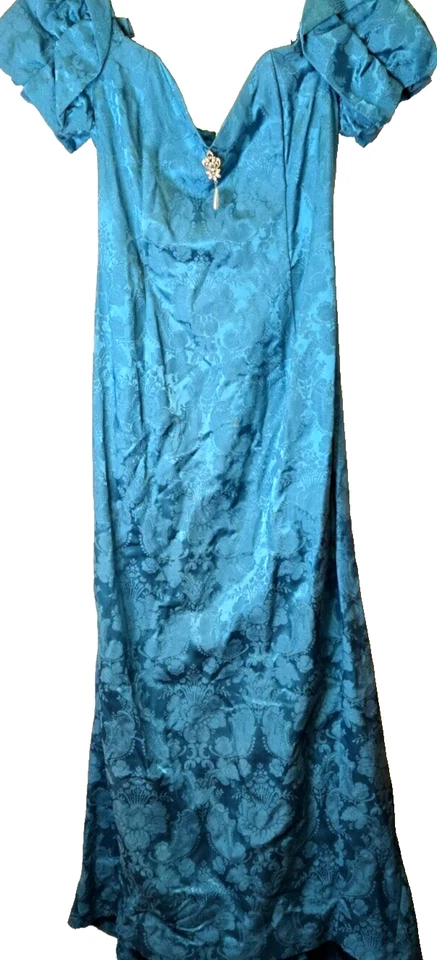 Vestido Formal De Colección Años 80 Jessica McClintock Talla 12 Jacquard Verde Azulado Sirena Noche Hada Foto 2 de 4