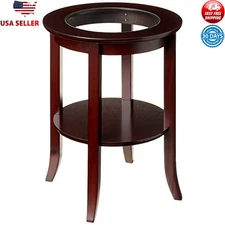 End Round Side Accent Table Inset Glass W/ Wooden Tapered Legs Espresso 
