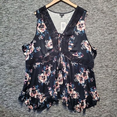 Torrid Floral Babydoll Top Women 4X Black Crochet Lace Tassel Challis Cami Boho