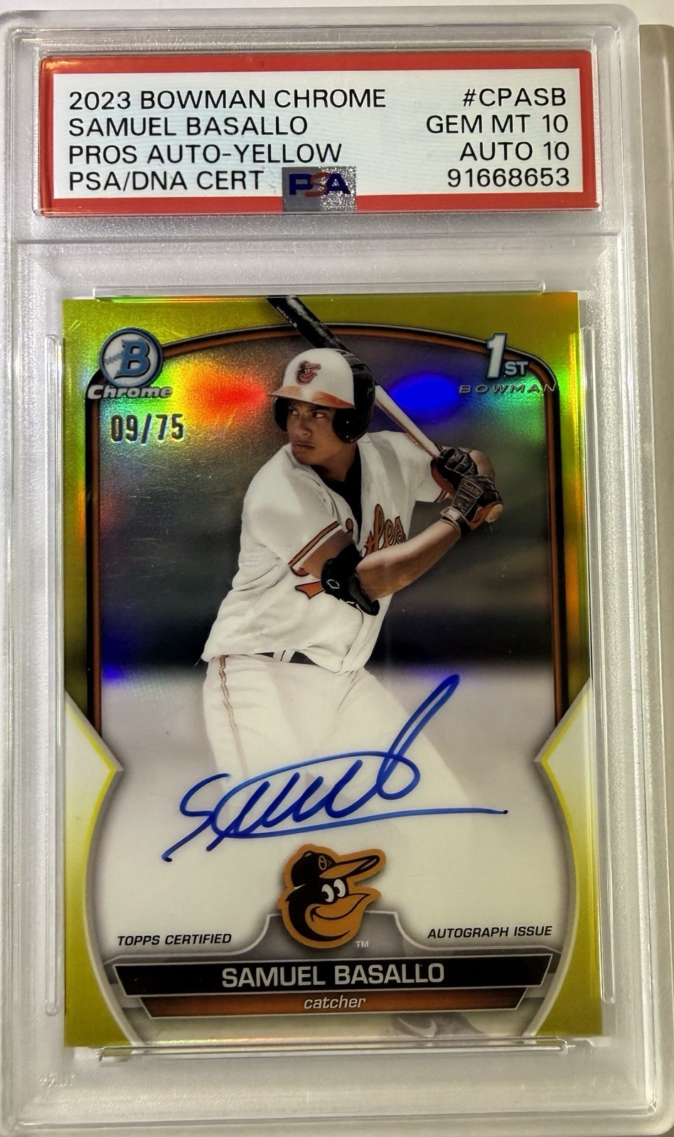 2023 Bowman Chrome Auto Samuel Basallo #CPA-SB Yellow Refractor /75