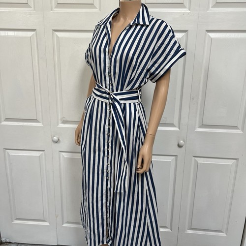 Zara Linin Blend Navy Striped Sailboat Dress Maxi Size L New - Picture 15 of 21