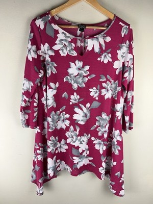 CLARA SUN WOO Sz Medium Pullover Tunic Top Lightweight Stretch Berry Gray Floral