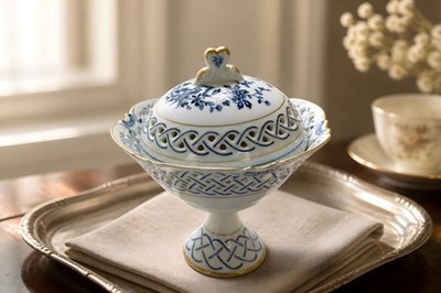 Antique Meissen pierced porcelain compote bowl with blue onion pattern 5  Tall